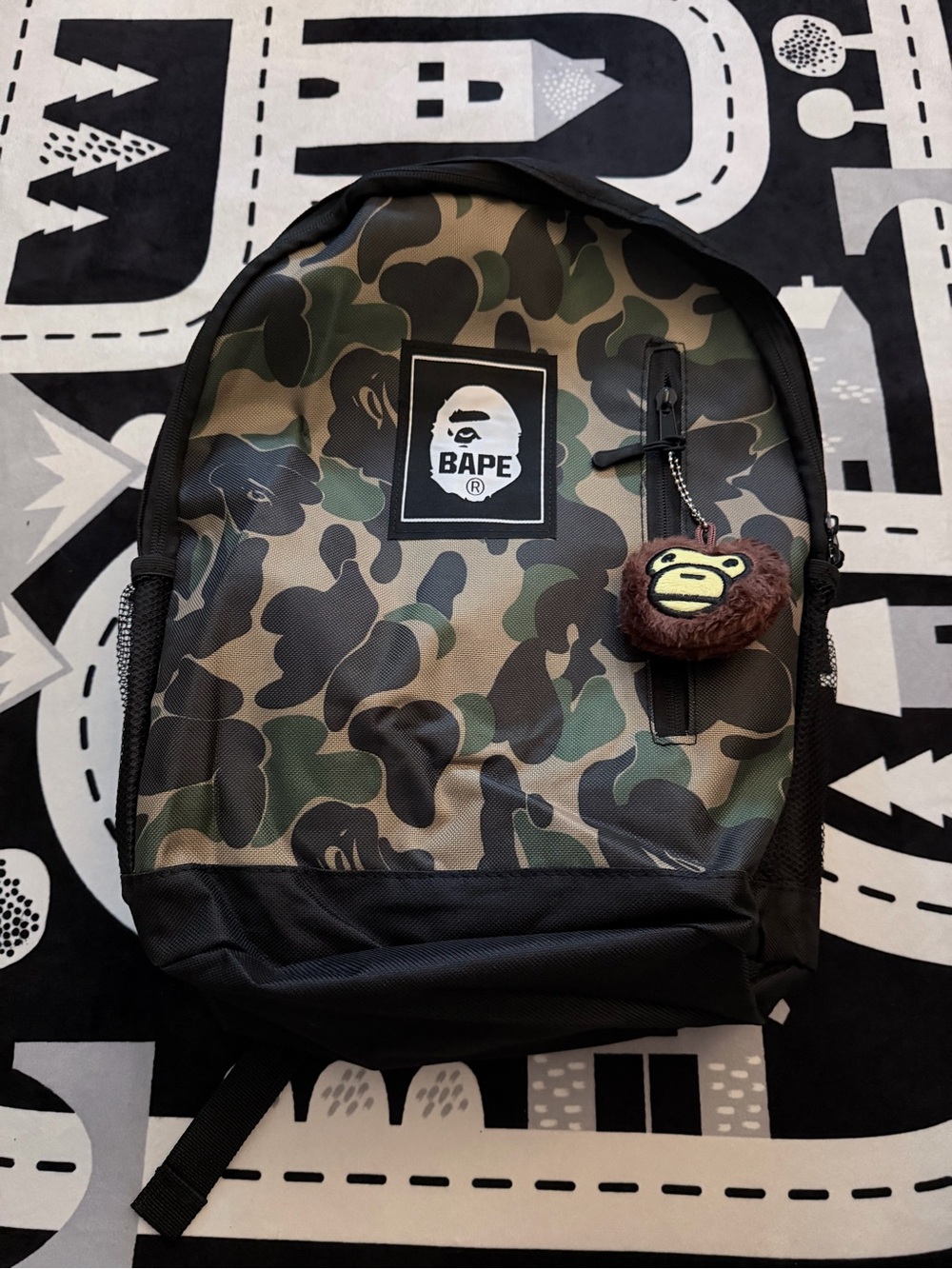 BAPE Green Camo Backpack with Ape Keychain 12 inches